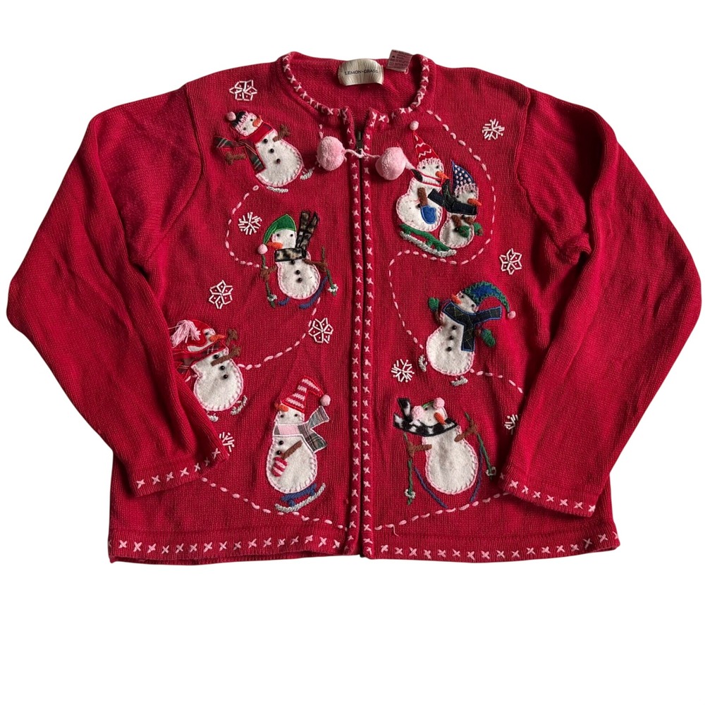 VTG Lemon Grass Christmas Sweater Cardigan Red Full Zip Embroidered Snowman Lg